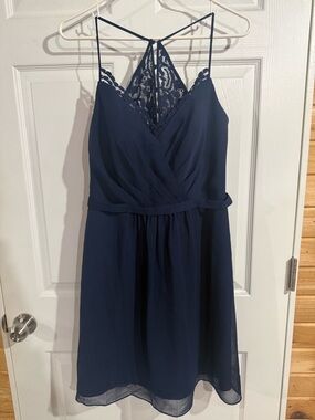David's Bridal Navy Lace-Back Spaghetti Strap Dress
